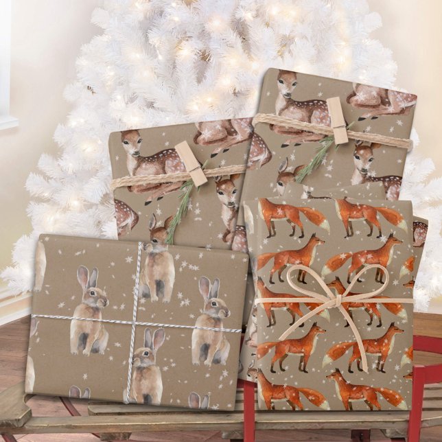 Rustikale Kraft Red Fox Doe Hare & Snowflakes Geschenkpapier Set (Rustic Kraft Red Fox Doe Hare & Snowflakes Christmas Holiday Gift Wrapping Paper Sheets Trio)