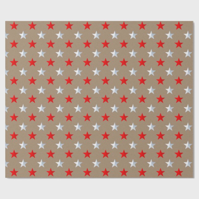 Rustikale Kraft Red Silver Stars Urlaub Geschenkpapier (Flach)