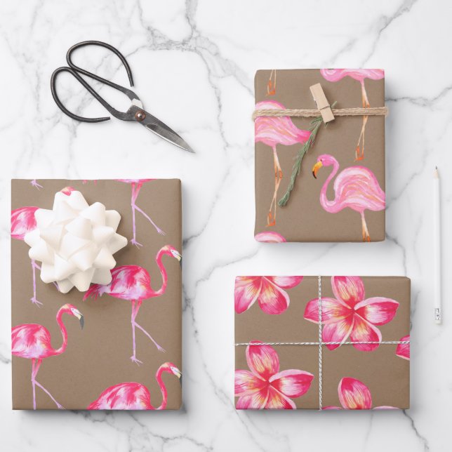 Rustikale Kraft Rosa Flamingos und rosa Hibiskus Geschenkpapier Set (Vorderseite)