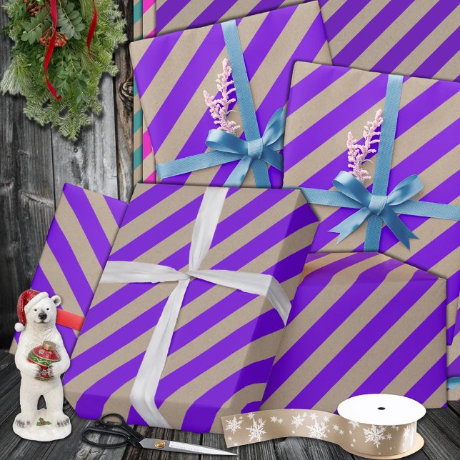 Rustikale Kraft Royal Lila Wide Strip Holiday Geschenkpapier (Rustic Kraft Royal Purple Wide Stripe Holiday Wrapping Paper In 6 & 15 foot long 30 inch rolls)