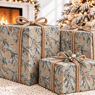 Rustikale Kraft Schneeblaue Wacholderzweige & Zapf Geschenkpapier