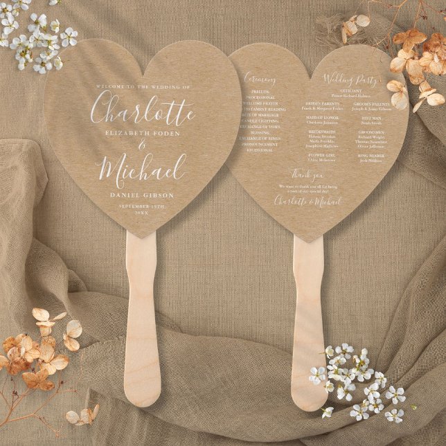 Rustikale Kraft-Schrift Hochzeitsprogramm Herz Fächer (Rustic Kraft Script Wedding Program Heart Hand Fan)