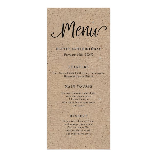 Rustikale Kraft Script Tall Menu Card Werbekarte (Vorne)