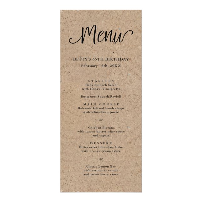 Rustikale Kraft Script Tall Menu Card Werbekarte (Vorne)