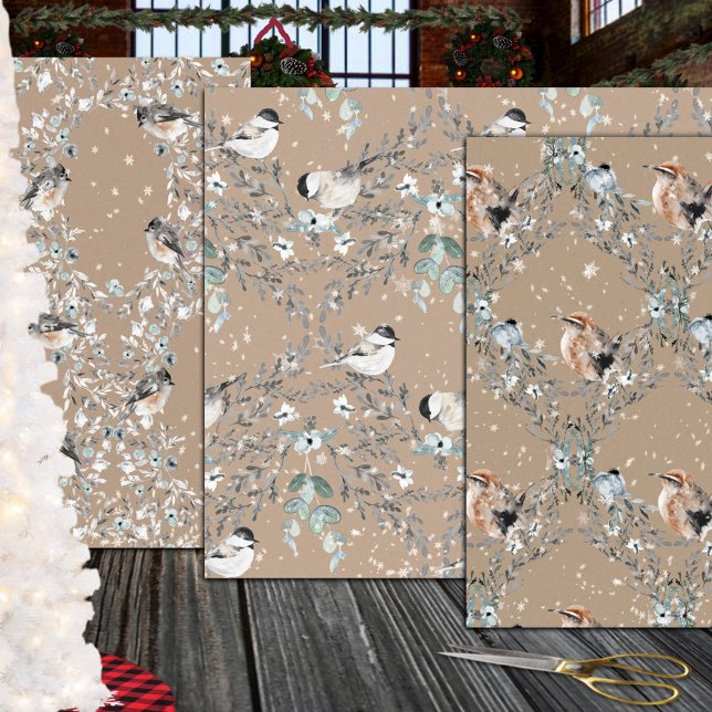 Rustikale Kraft Snowy Winter Birds Nesting Geschenkpapier Set (Rustic Kraft Snowy Dusty Blue Winter Birds Nesting Christmas Holiday Gift Wrapping Paper Sheets Trio)