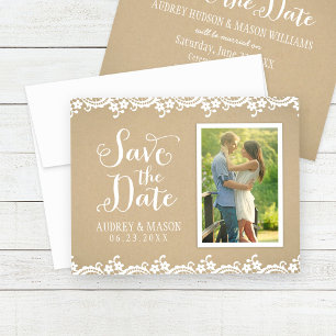 Rustikale Kraft-Spitzen-Foto-Hochzeit Save The Date