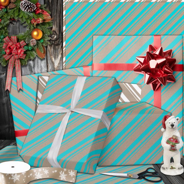Rustikale Kraft Türkis Aqua Blue Stripes Holiday Geschenkpapier (Turquoise Blue Candy Cane Stripe Holiday Wrapping Paper Rolls in 6 and 15 foot rolls.)