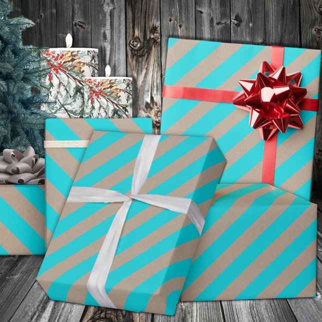 Rustikale Kraft Türkis Blauer Streifen Urlaub Geschenkpapier (Rustic Kraft Turquoise Blue Wide Stripe Holiday Wrapping in 6 and 15 foot long 30 Inch Width Rolls
)