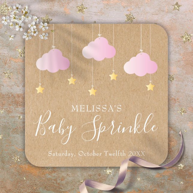 Rustikale Kraft Twinkle Sprinkle Babydusche Rosa Quadratischer Aufkleber (Rustic Kraft Twinkle Sprinkle Baby Shower Pink Square Sticker)