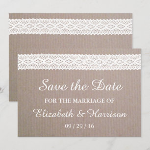 Rustikale Kraft und Vintage Weiße Spitze Save the  Date
