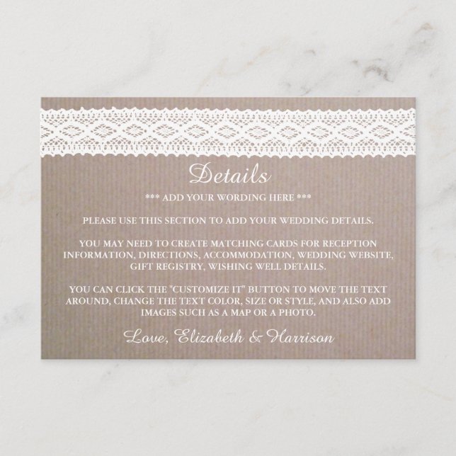 Rustikale Kraft und Vintage weiße Spitzen - Detail Begleitkarte (Vorderseite)