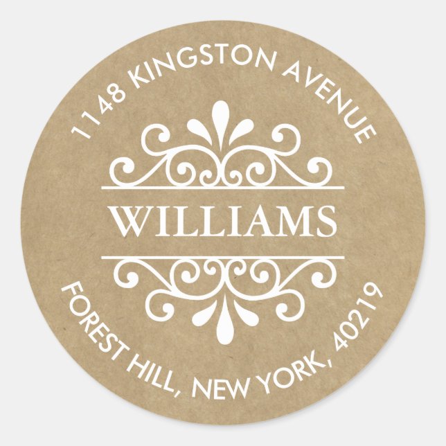 Rustikale Kraft-Verzierte Wirbel Benutzerdefiniert Runder Aufkleber (Vorderseite)