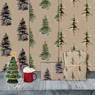 Rustikale Kraft-Wald Pine Spruce Trees Geschenkpapier Set
