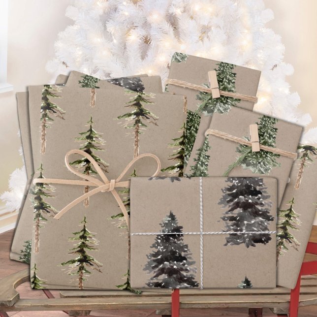 Rustikale Kraft-Waldkiefer und Spruce Bäume passen Geschenkpapier Set (Rustic Kraft Woodland Pine And Spruce Trees Matte Wrapping Paper Sheets)