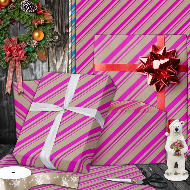 Rustikale Kraft Warme rosa Streifen Urlaub Geschenkpapier (Hot Pink Candy Cane Stripe Holiday Wrapping Paper Rolls in 6 and 15 foot rolls.)