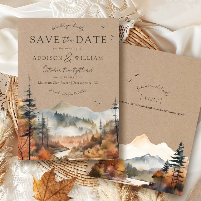 Rustikale Kraft-Wasserfarbe Herbstbaum-Berg-Hochze Save The Date (Modern Fall Watercolor Mountain & Trees Boho Brown Rustic Kraft Autumn Wedding website save the date)
