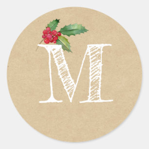 Rustikale Kraft-Weihnachts-Stechpalme-Monogramm-In Runder Aufkleber