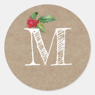 Rustikale Kraft-Weihnachts-Stechpalme-Monogramm-In Runder Aufkleber