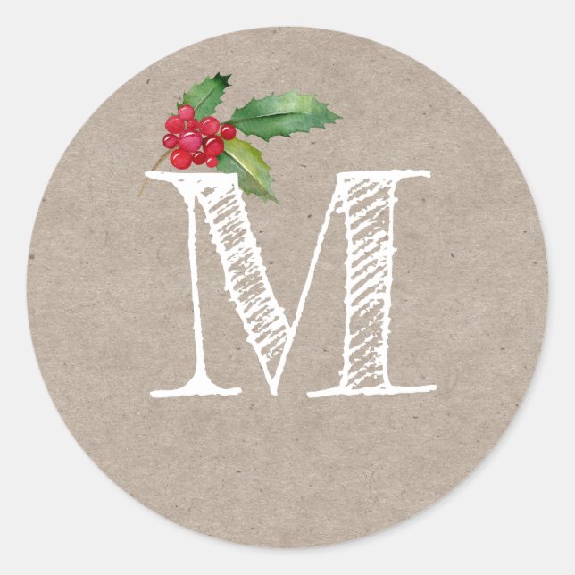 Rustikale Kraft-Weihnachts-Stechpalme-Monogramm-In Runder Aufkleber (Vorderseite)