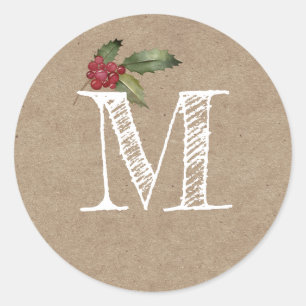 Rustikale Kraft-Weihnachts-Stechpalme-Monogramm-In Runder Aufkleber