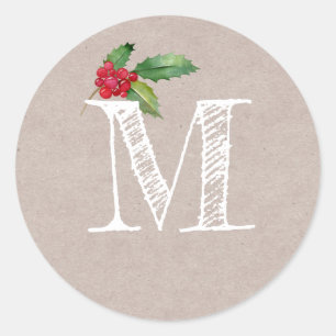 Rustikale Kraft-Weihnachts-Stechpalme-Monogramm-In Runder Aufkleber