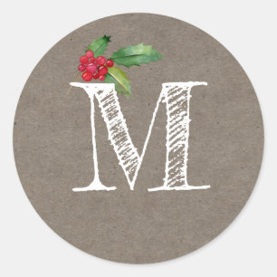 Rustikale Kraft-Weihnachts-Stechpalme-Monogramm-In Runder Aufkleber