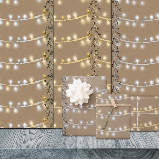 Rustikale Kraft Weihnachtslieder Silver & Gold Geschenkpapier Set (Rustic Kraft Christmas String Lights Silver & Gold Christmas Holiday Gift Wrapping Paper Sheets Trio)