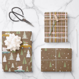 Rustikale Kraft Weihnachtswald Autos Szene Geschenkpapier Set