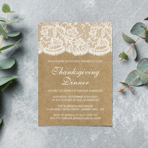 Rustikale Kraft & Weiße Spitze Thanksgiving-Dinner Einladung