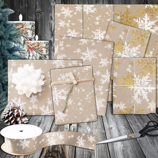 Rustikale Kraft White & Gold Schneeflocken Geschenkpapier Set (Rustic Kraft White & Gold Snowflakes Wrapping Paper Sheets)