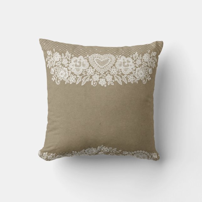 Rustikale Kraft & White Lace Lacy Bauernhaus Chic Kissen (Vorderseite)