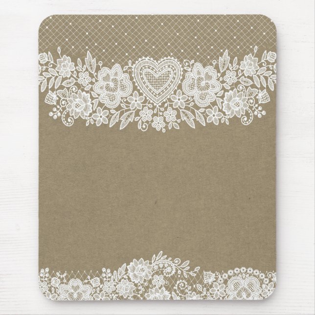 Rustikale Kraft & White Lace Lacy Bauernhaus Chic Mousepad (Vorne)