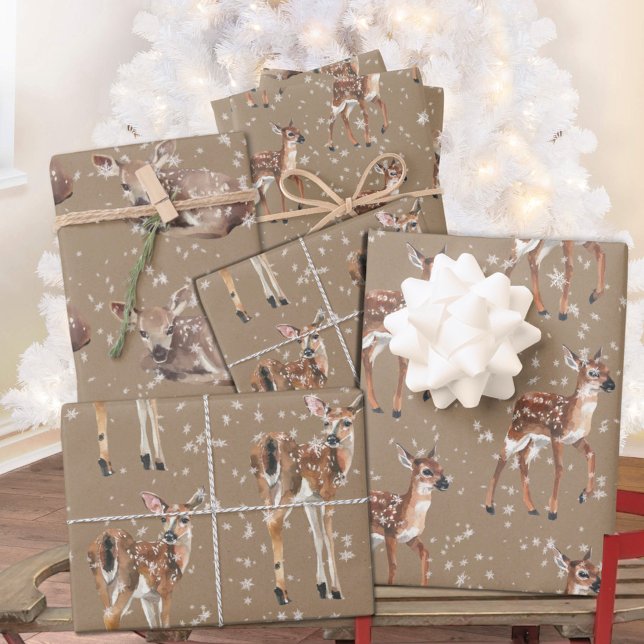 Rustikale Kraft Winter Baby Dode Reindeer Schneefl Geschenkpapier Set (Rustic Kraft Winter Baby Doe Reindeer Snowflakes Christmas Holiday Gift Wrapping Paper Sheets Trio)
