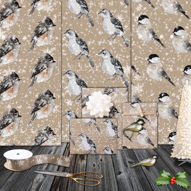 Rustikale Kraft Winter Birds Sparrows Chickades Geschenkpapier Set (Rustic Kraft Winter Birds Sparrows Chickadees Christmas Holiday Gift Wrapping Paper Sheets Trio)