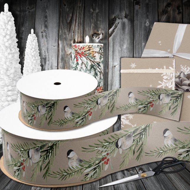 Rustikale Kraft Winter Chickades auf der Spruce Br Ripsband (Rustic Kraft Winter Chickadees On Spruce Branch Grosgrain Ribbon)