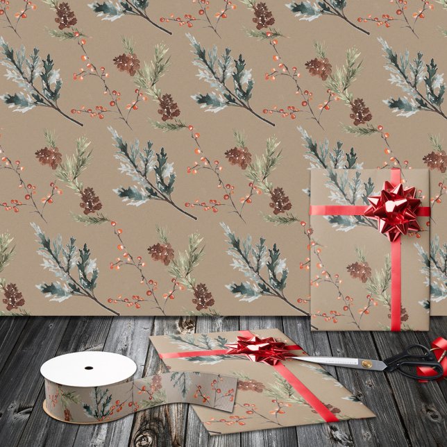 Rustikale Kraft Winter Spruce Cones & Berries Matt Geschenkpapier (Rustic Kraft Winter Spruce Cones & Berries Christmas Holiday Matte Gift Wrapping Paper Rolls.)