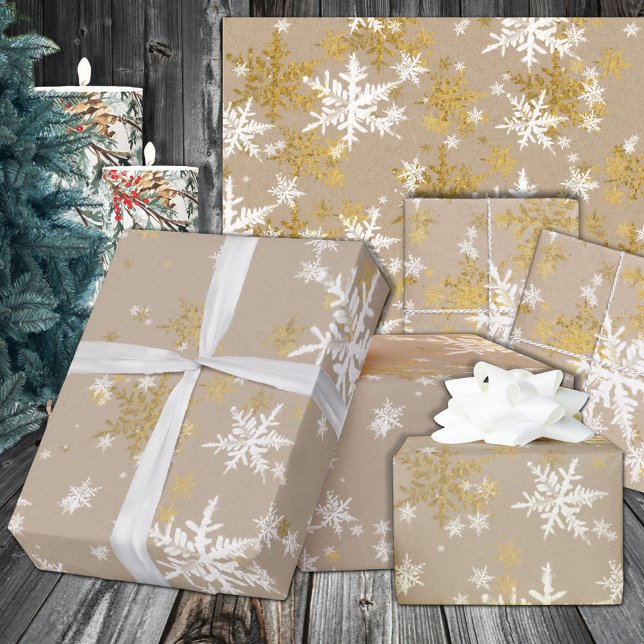 Rustikale Kraft Winter White & Gold Schneeflocken Geschenkpapier (Rustic Kraft Winter White & Gold Snowflakes Wrapping In 6 and 15 foot long 30 Inch Width Rolls
)