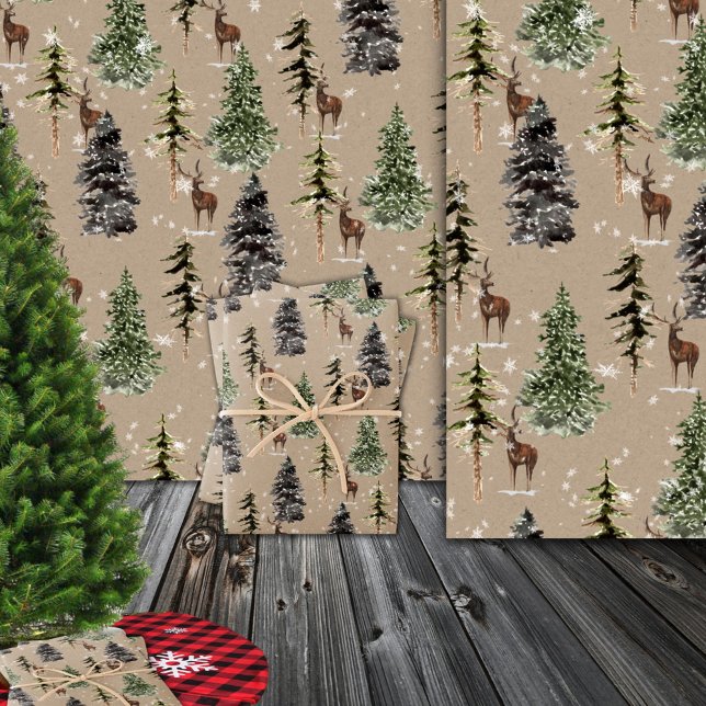 Rustikale Kraft Winter Woodland Snowy Spruce & Sta Geschenkpapier Set (Rustic Kraft Winter Woodland Snowy Spruce & Stags Wrapping Paper Sheets)