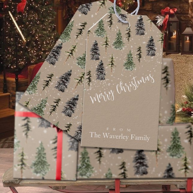 Rustikale Kraft Winter Woodland Snowy Spruce Trees Geschenkanhänger (Rustic Kraft Winter Woodland Snowy Spruce Trees Christmas Holiday Editable Gift Tags)