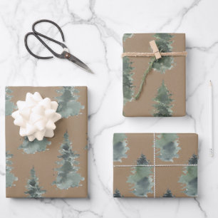 Rustikale Kraft Winterwald Blaue Spruce Bäume Geschenkpapier Set