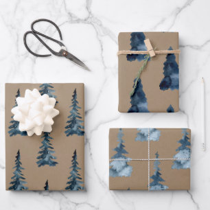 Rustikale Kraft Winterwald Blaue Spruce Bäume Geschenkpapier Set