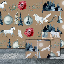 Rustikale Kraft Winterwald Weißer Hornfox & Owl Geschenkpapier Set