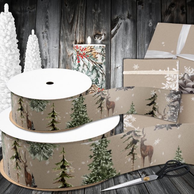 Rustikale Kraft Winterwaldlandspruce Tree Rentier Ripsband (Rustic Kraft Winter Woodland Spruce Trees Reindeer Grosgrain Ribbon & In Satin In 1.5 & 3 Inch Width)