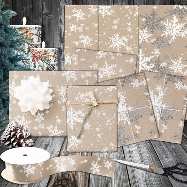 Rustikale Kraft Winterweiß und Silberschneeflocken Geschenkpapier Set (Rustic Kraft Winter White & Silver Snowflakes Wrapping Paper Sheets)