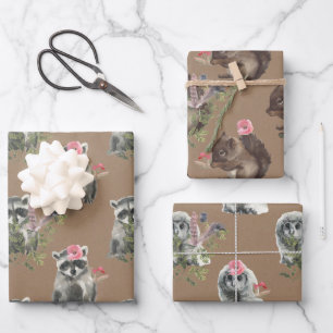 Rustikale Kraft Woodland Baby Racoon Eichhörnchen Geschenkpapier Set
