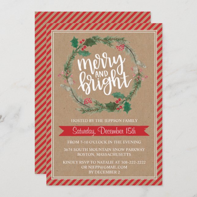 Rustikale Kraft-Wraath Weihnachtsfeiertag Einladun Einladung (Vorne/Hinten)