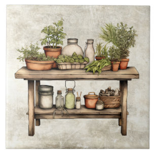 Rustikale Kräuter & Gewürze Holzhocker Aquarelle Fliese