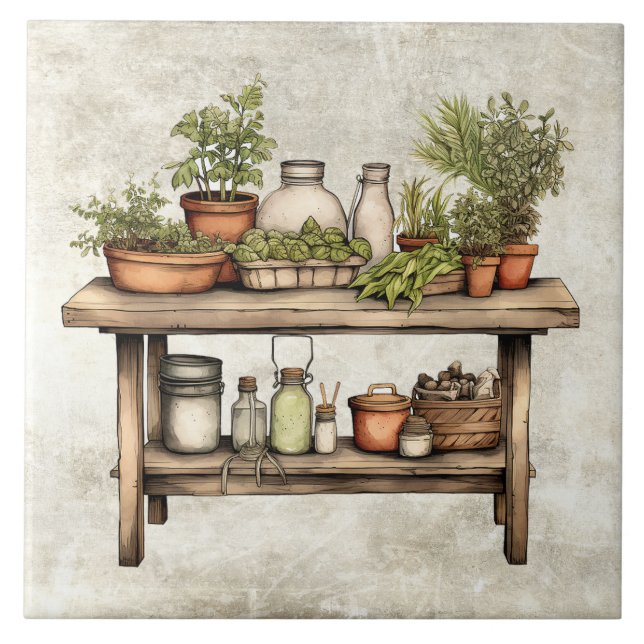 Rustikale Kräuter & Gewürze Holzhocker Aquarelle Fliese (Vorderseite)