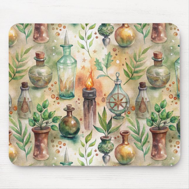 Rustikale Kräuterflaschen Grün Braun Mousepad (Vorne)