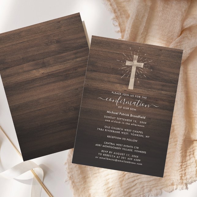 Rustikale Kreuzholz-Religiöse Bestätigung Einladung (Rustic Cross Wood Religious Confirmation Invitation)